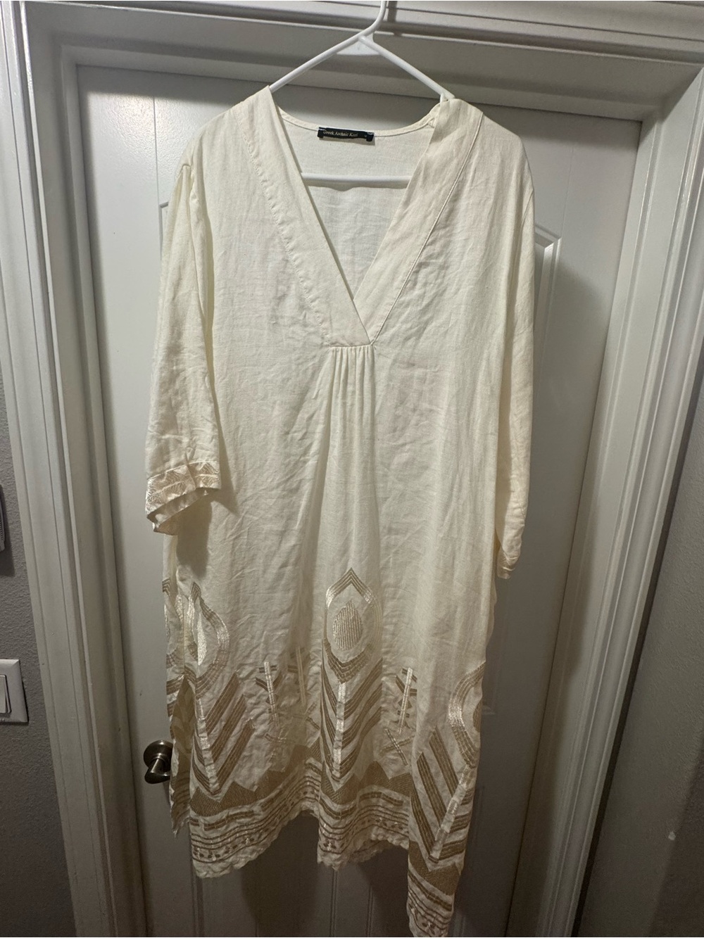 Lightweight Cream Embroidered Midi Dress - V-Neck